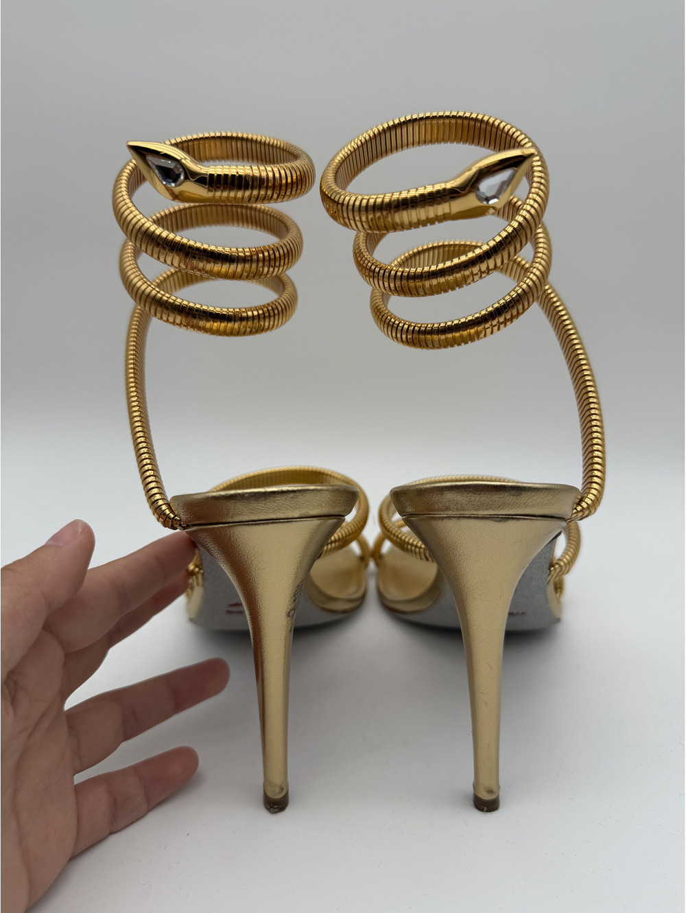 Rene Caovilla Gold Snake Spiral-Wrap Stiletto Heel, Size 38 - Picture 4 of 16